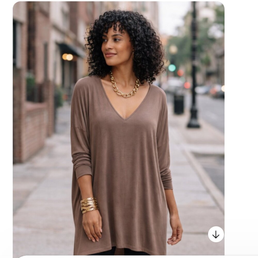 Piko 1988 Women’s Small Brown Bamboo V-Neck Oversized Tunic Top Long Sleeve Boho